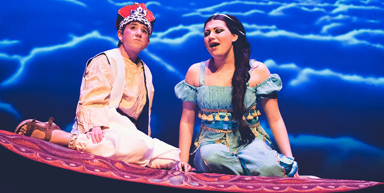 two child actors in the Aladdin musical theater production at Broadway Upstate Children's Performing Arts Center near the Adirondacks